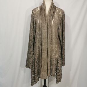Lace Open-Front Lace kimono style jacket in Taupe. With front tie.